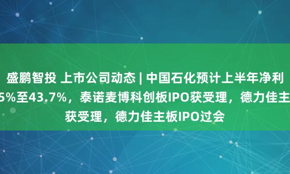 盛鹏智投 上市公司动态 | 中国石化预计上半年净利同比降39.5%至43.7%，泰诺麦博科创板IPO获受理，德力佳主板IPO过会